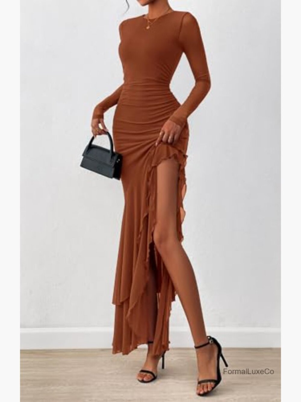 Elegant Long Sleeve Ruched Mermaid Maxi Dress Cocktail Wedding Guest - Picture 6 of 7